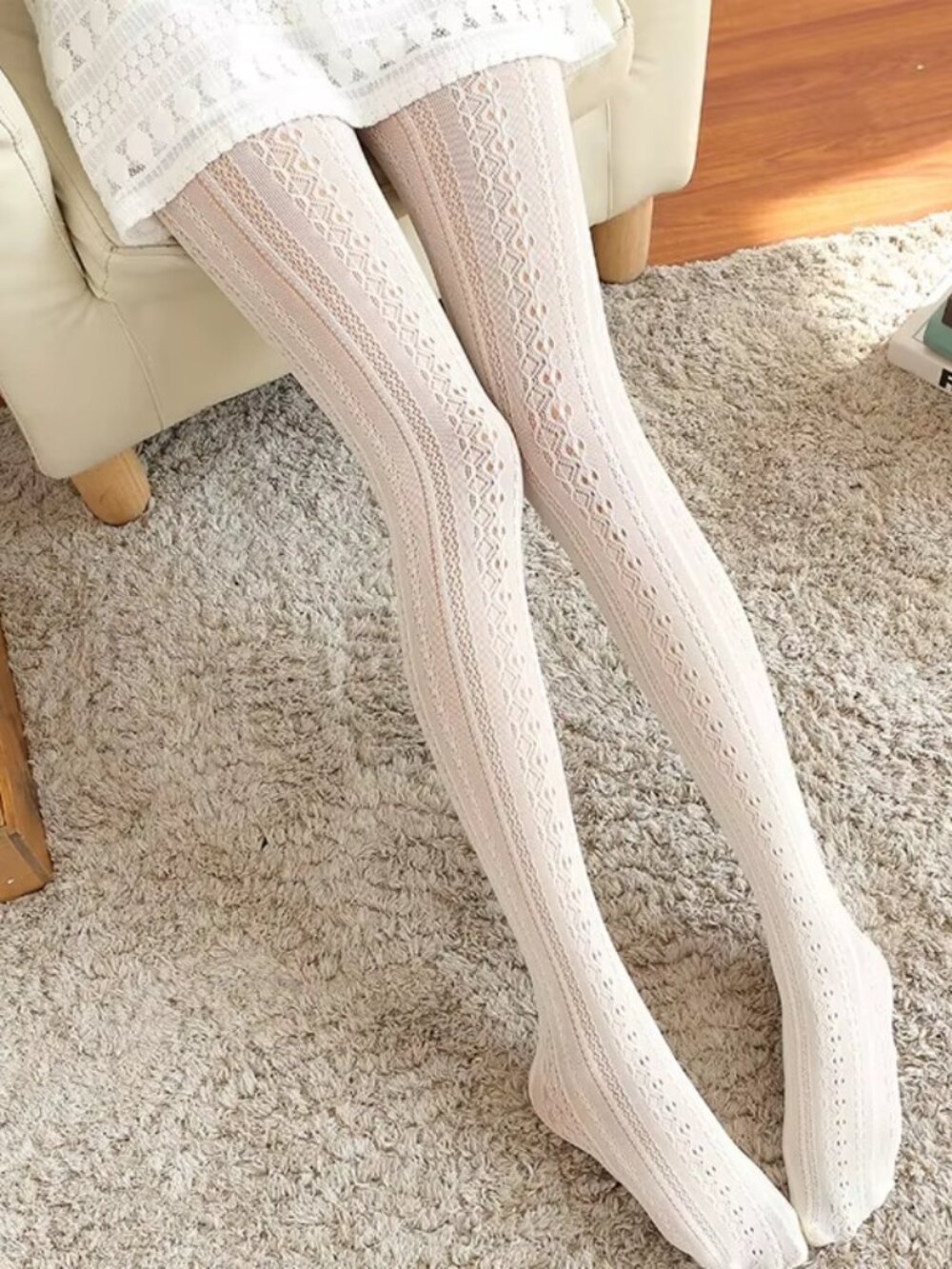 Women's Jacquard Hollow Out Lace Knit Pattern White Fishnet Tights Pantyhose
